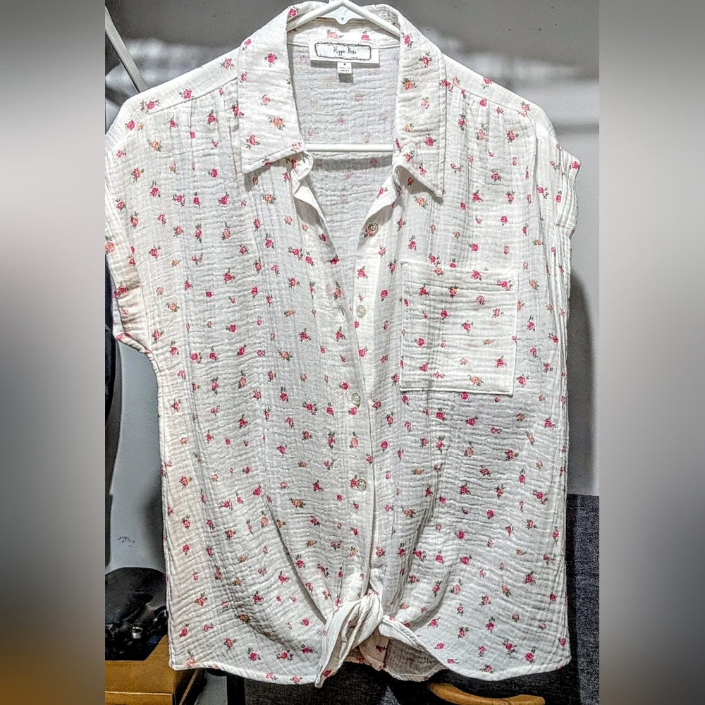 Floral Button-Up Blouse with Tie Front